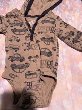 Carter's Tan Hooded One-Piece Bodysuit with Car Print 6 months